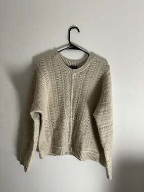 Splendid Oatmeal Textured Pointelle Knit Crewneck Sweater, Size Large